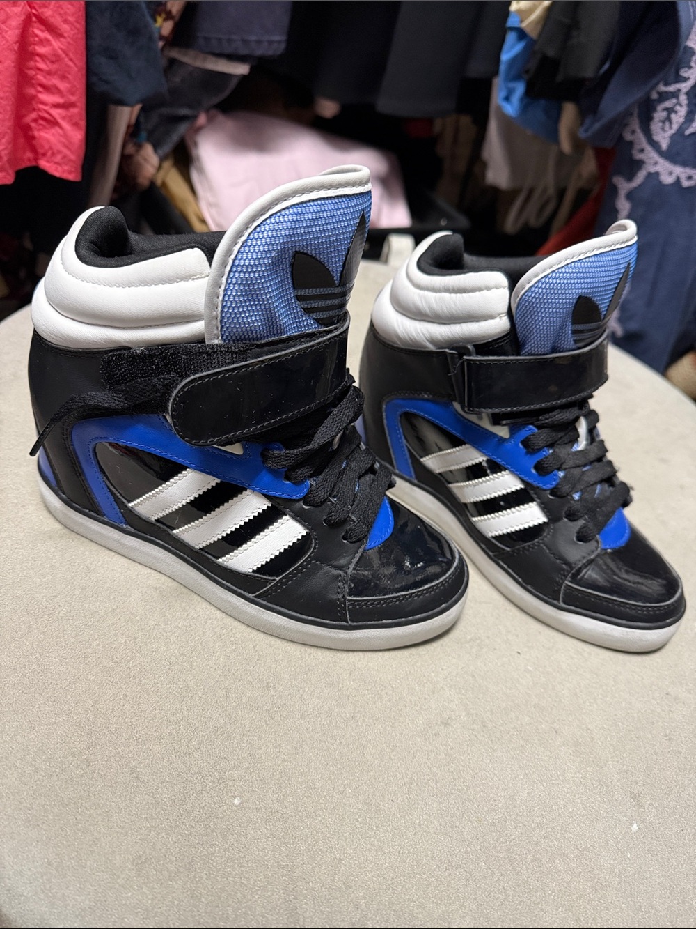 adidas High-Top Wedge Sneakers in Blue, Black, and White - Picture 2 of 7